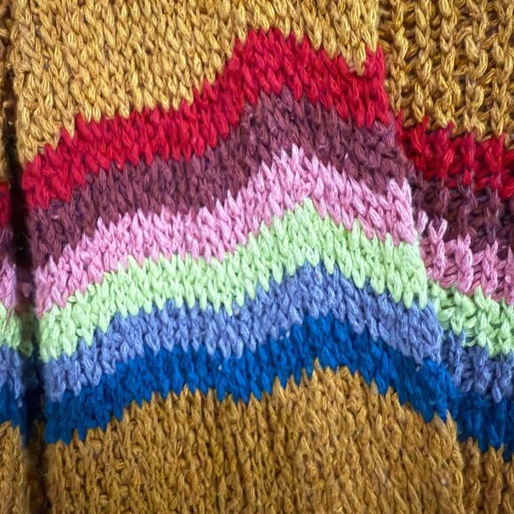 Free People Winding Road Cardigan Sweater‎ XS Yellow Striped Open Front Rainbow - Picture 6 of 8